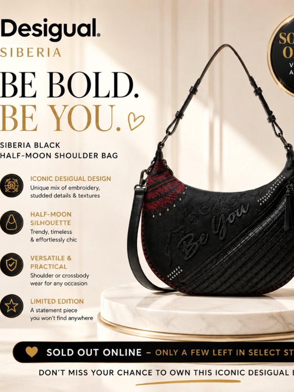Desigual Siberia Black Half Moon Shoulder Bag Studded Embroidered Crossbody $310